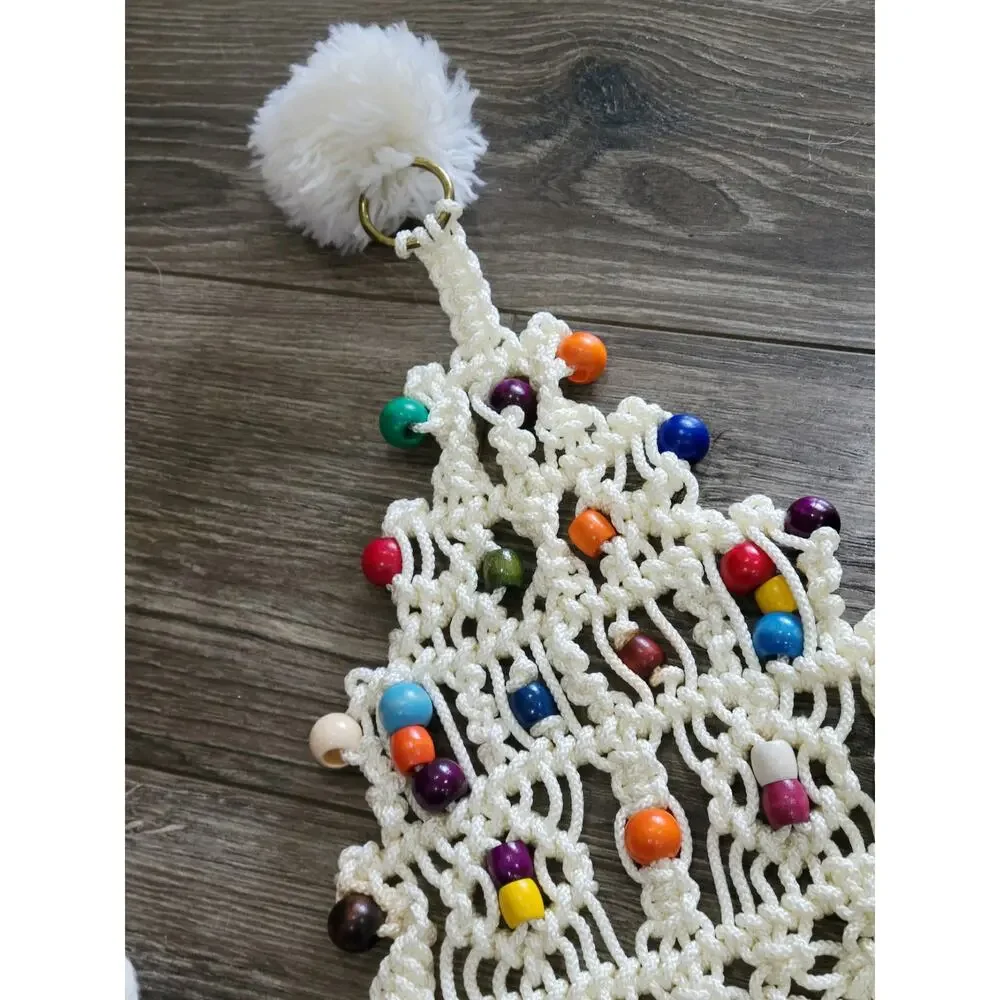 Handmade Macrame Santa‎ & Christmas Tree Wall Hangings Wood Beads Lot of TWO